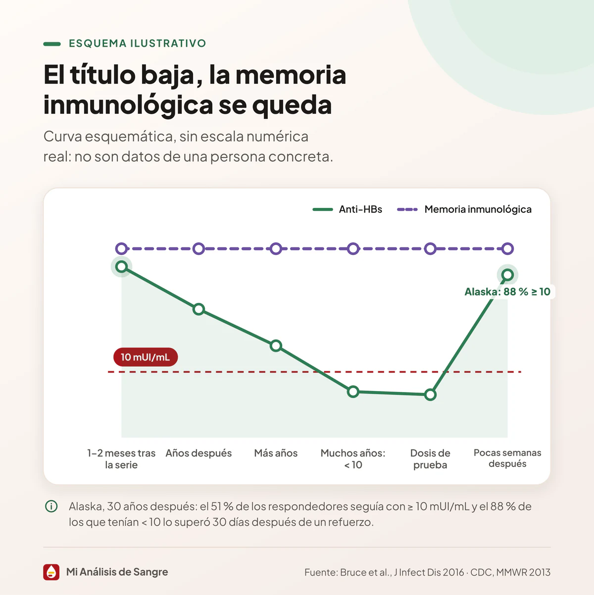 Curva esquemática del anti-HBs que cae bajo 10 con los años y repunta tras una dosis de prueba por la memoria inmunológica