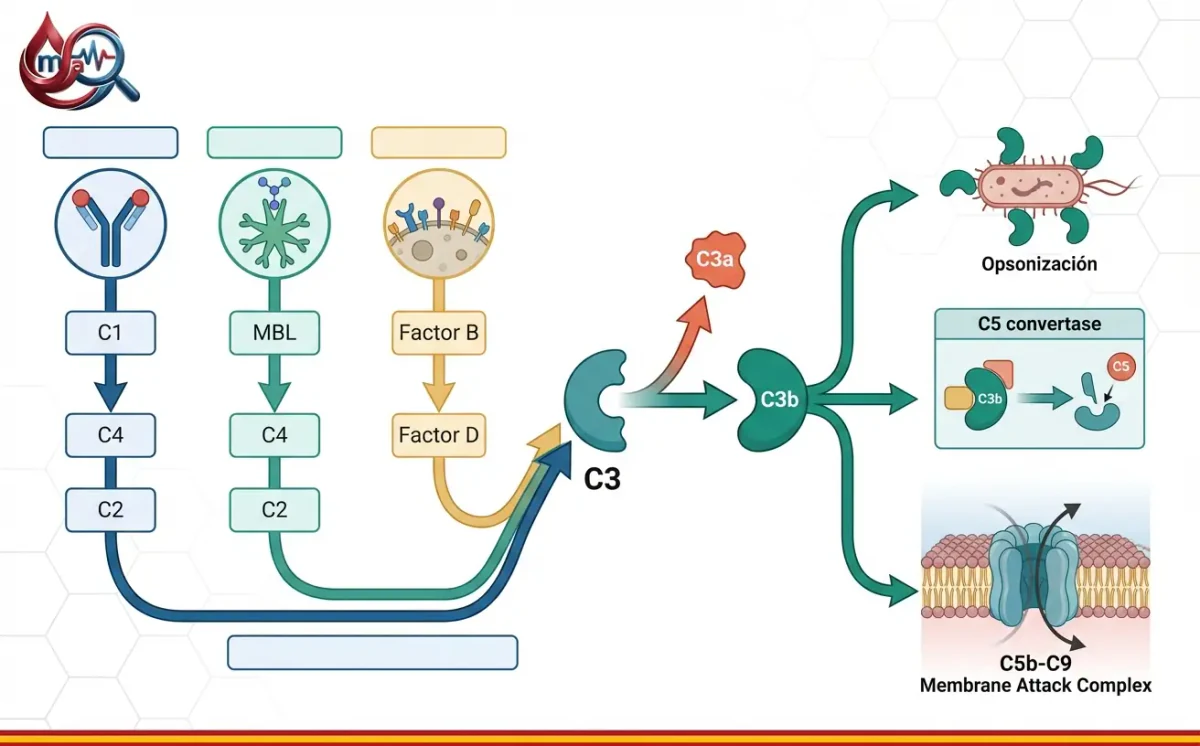 Cascada del complemento: columnas C1-C4-C2, MBL-C4-C2 y factor B-factor D que llegan al C3, del que salen C3a y C3b