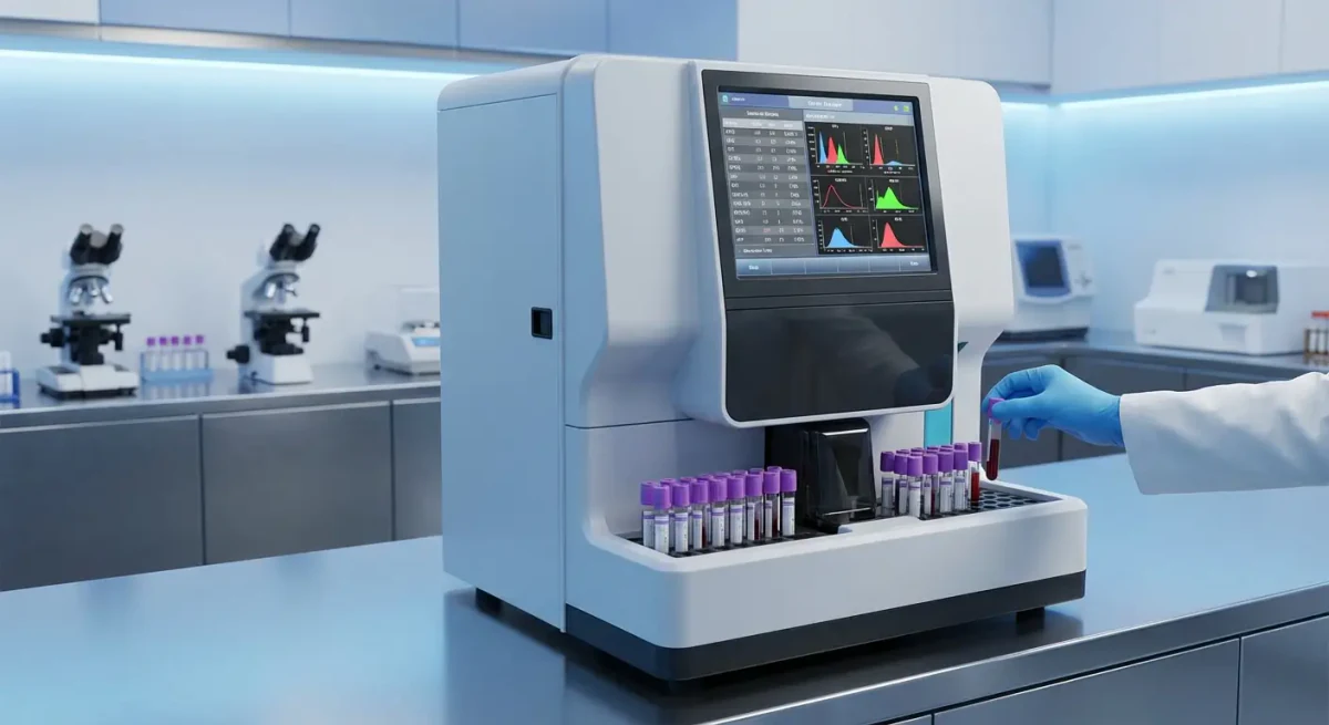 Analizador de sangre con pantalla de histogramas y gradillas de tubos de tapón lila; al fondo, dos microscopios