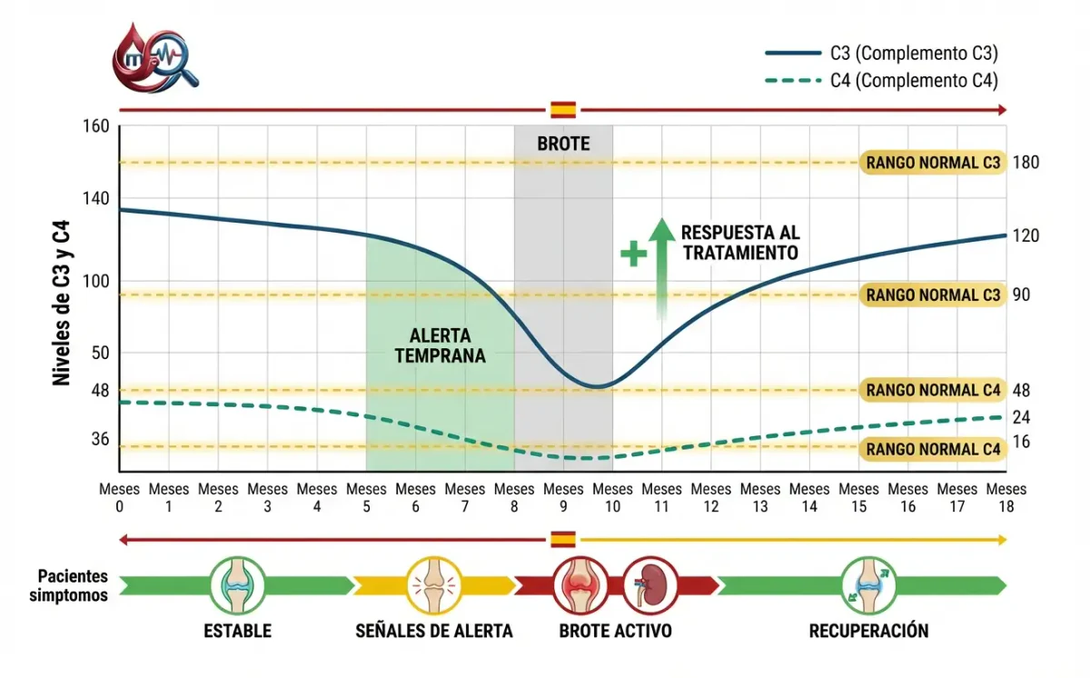 Gráfico del C3 y el C4 en el lupus durante 18 meses: caen en un brote hacia el mes 9 y se recuperan con el tratamiento