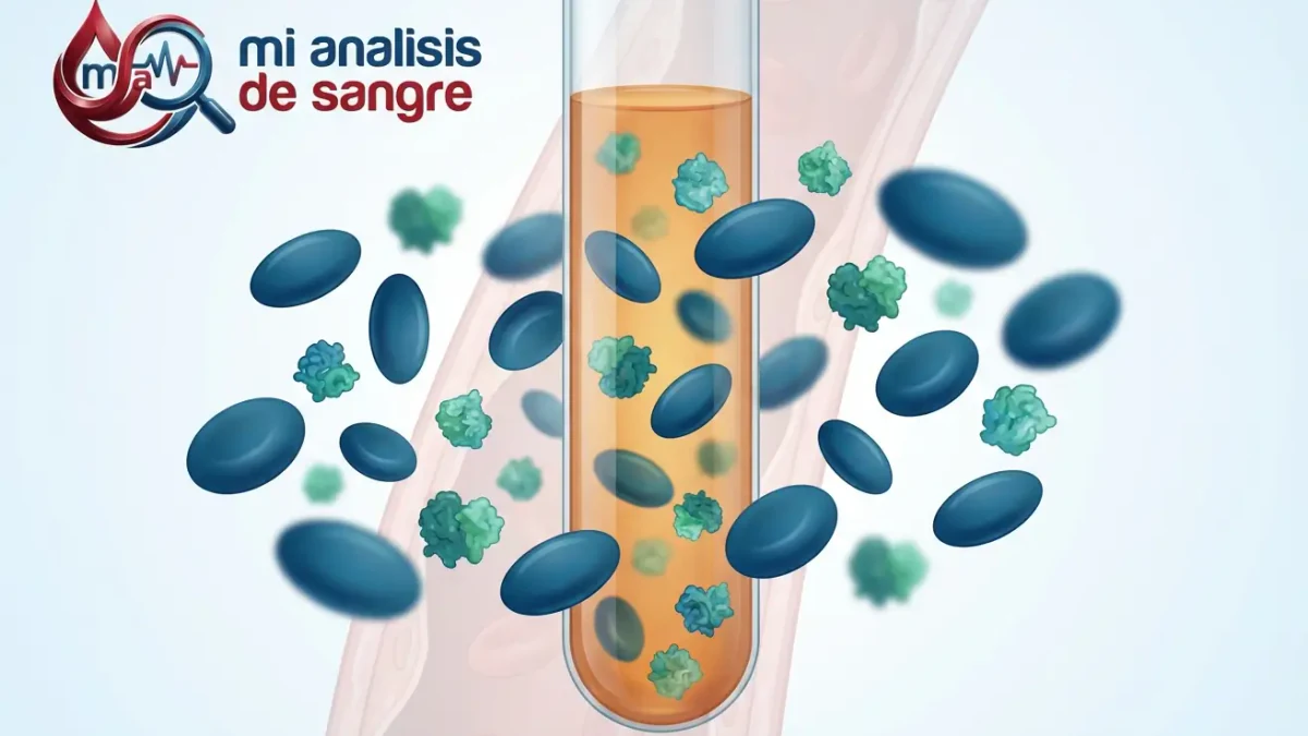 Proteínas séricas en el análisis de sangre: albúmina y globulinas Tubo de ensayo con suero anaranjado y proteínas séricas verdes entre células sanguíneas azules sobre un vaso sanguíneo