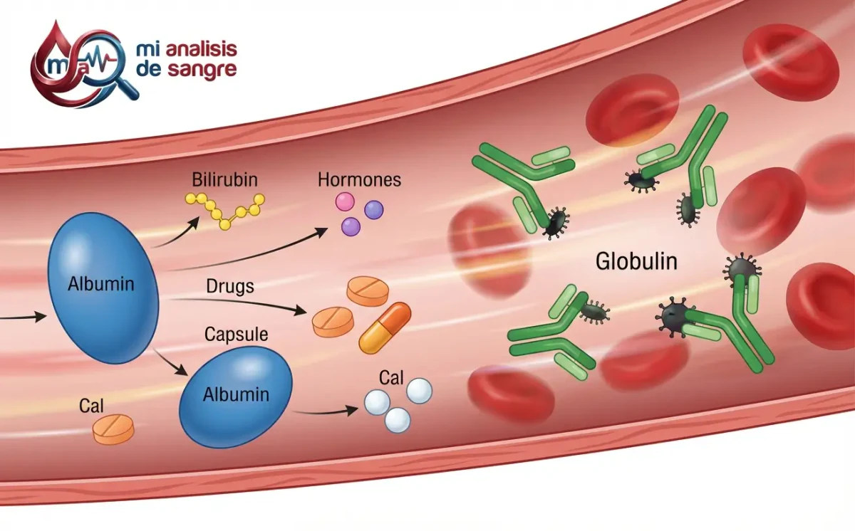 Vaso sanguíneo con proteínas séricas: albúmina con bilirrubina, hormonas, fármacos y calcio, y anticuerpos en microbios