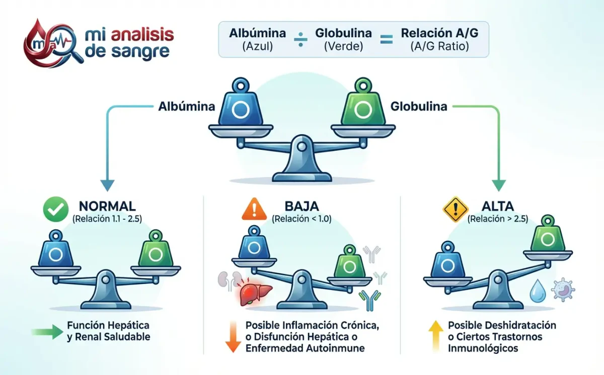 Balanzas de albúmina azul y globulina verde del cociente A/G con tres casos rotulados con sus cortes: normal, bajo y alto