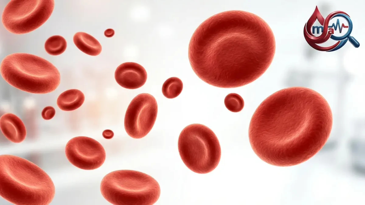 RDW en el análisis de sangre: glóbulos rojos de tamaños distintos Glóbulos rojos de tamaños muy distintos, de diminutos a grandes, flotando sobre un fondo claro de laboratorio