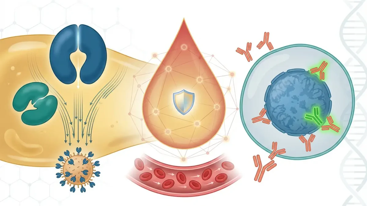Sistema inmunitario: complemento C3 y C4 y anticuerpos ANA Sistema inmunitario ilustrado: flechas hacia un microbio, gota de sangre con escudo y anticuerpos en el núcleo de una célula