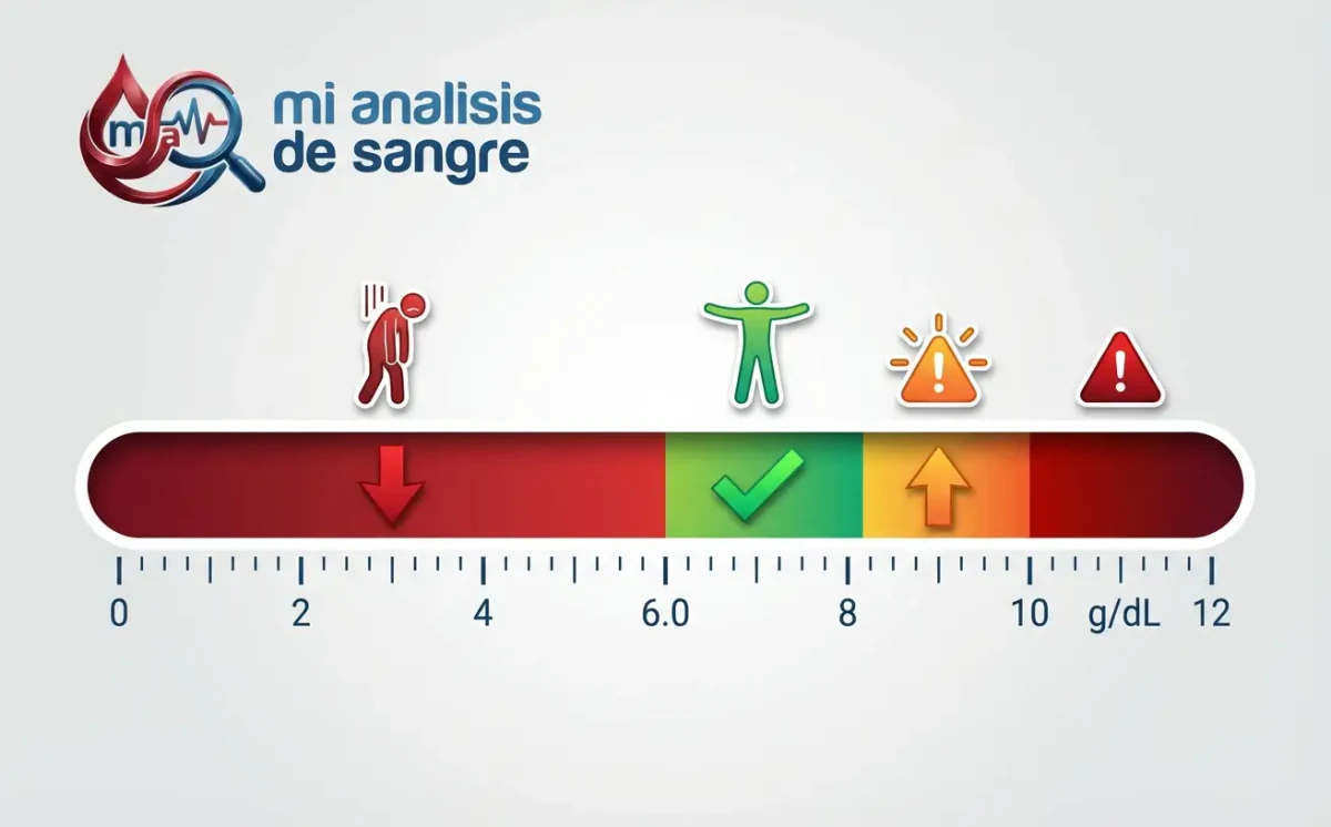 Escala de proteína total de 0 a 12 g/dL: zona baja roja, zona verde de 6,0 a algo más de 8 y zonas altas naranja y roja