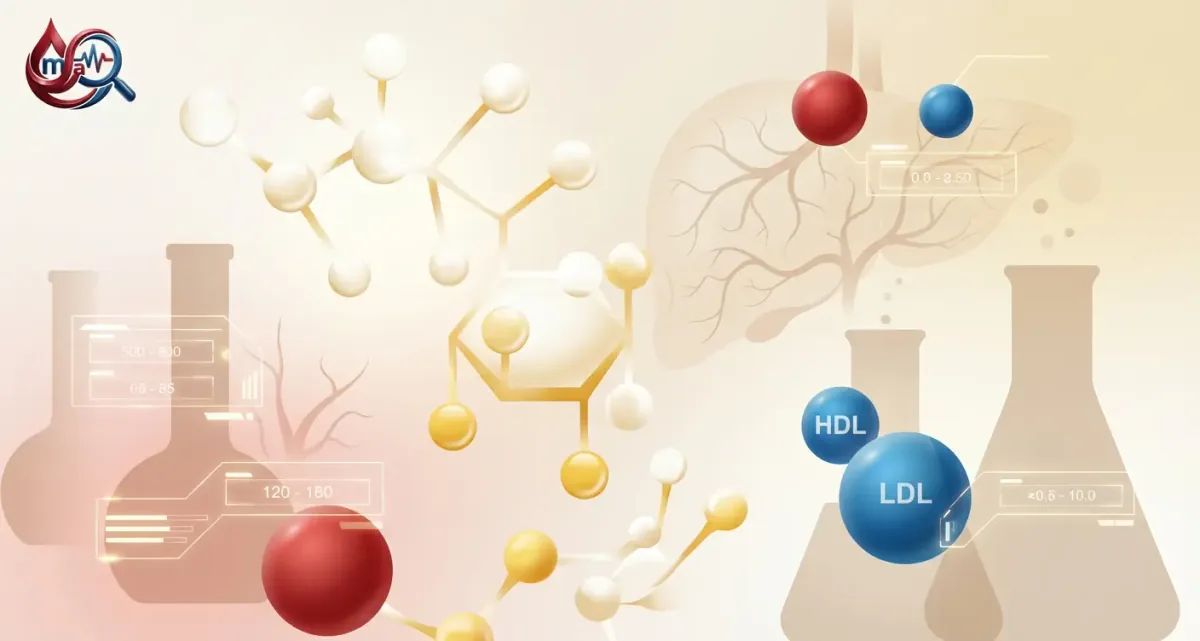 Moléculas de bioquímica sanguínea, matraces, la silueta de un hígado y dos esferas azules rotuladas HDL y LDL con rangos