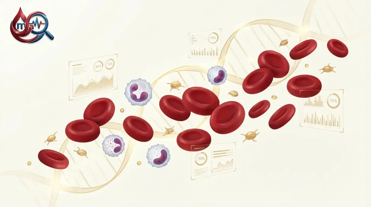 Glóbulos rojos, leucocitos y plaquetas del hemograma sobre una doble hélice dorada, con paneles de gráficos y porcentajes
